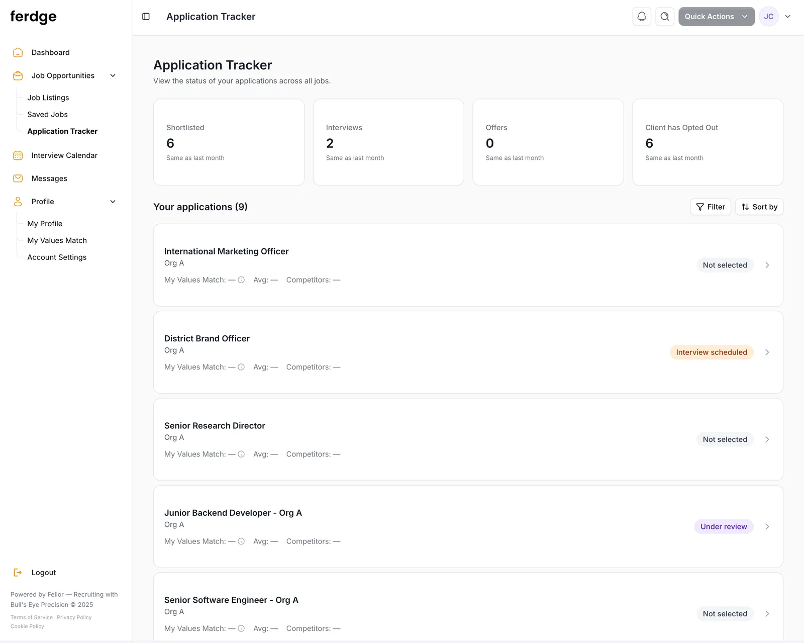 Ferge — Application Tracker — статуси всіх заявок кандидата.