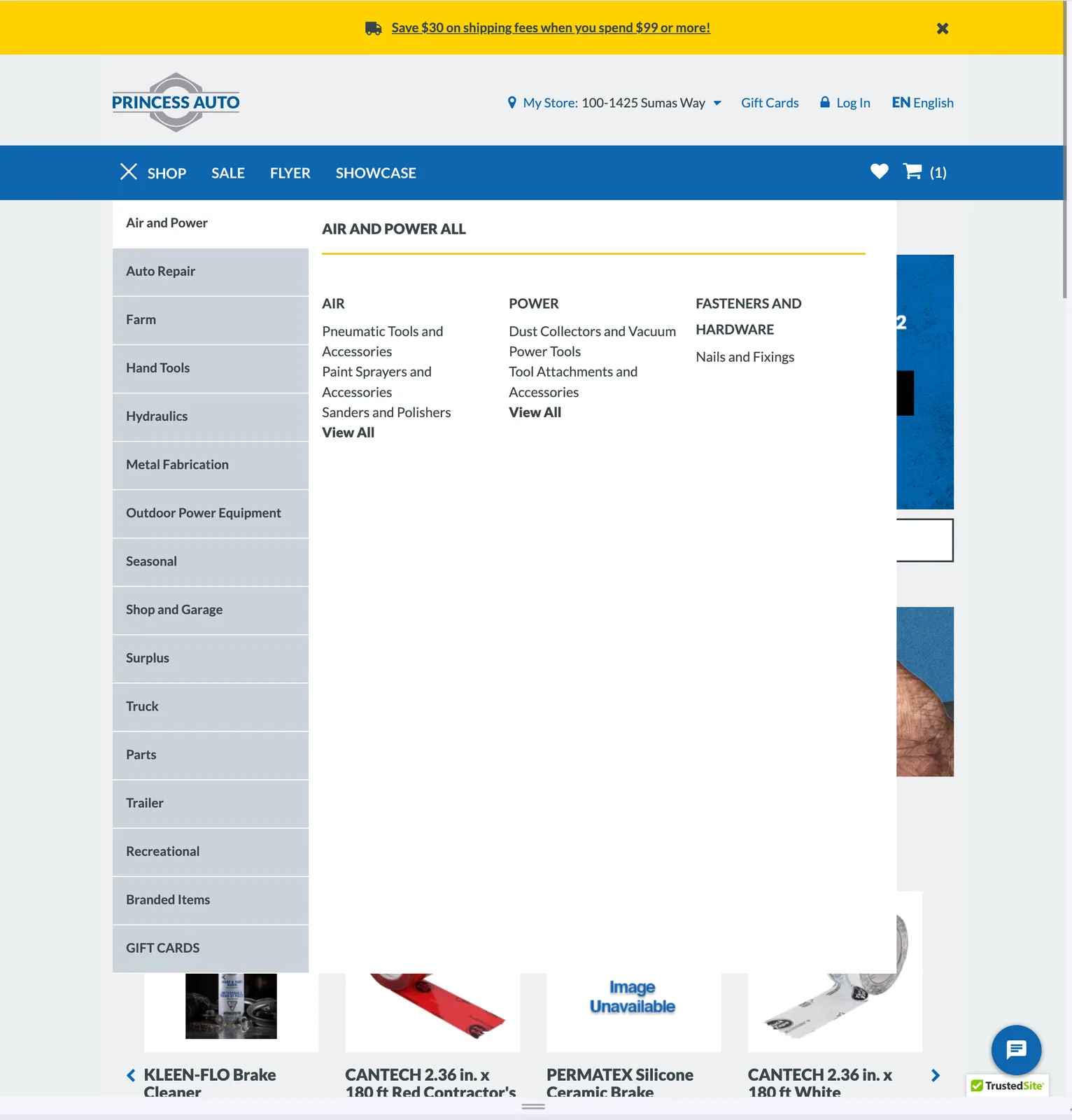 Princess Auto — Мегаменю каталогу — категорії Air and Power, Auto Repair, Farm.