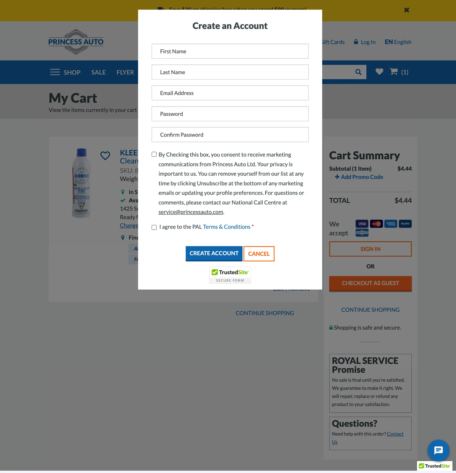 Princess Auto — Створення акаунта — реєстрація прямо з кошика.